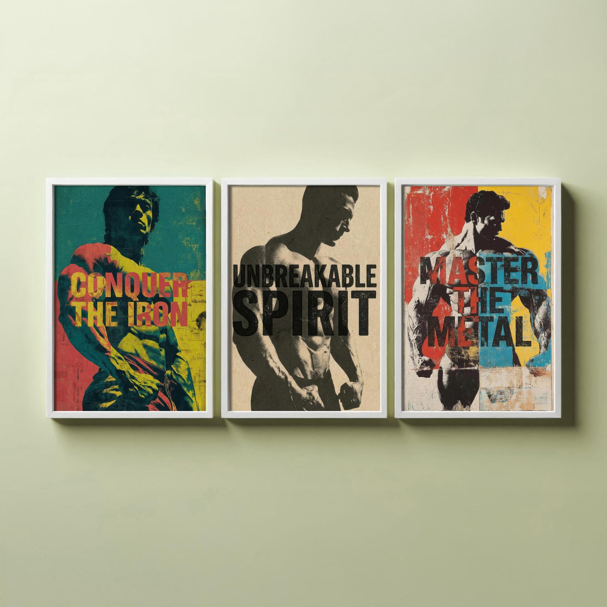 Bodybuilding Motivation Set of Three Art Prints - Conquer the Iron, Unbreakable Spirit, Master the Metal - Gym Quote Poster Illustration