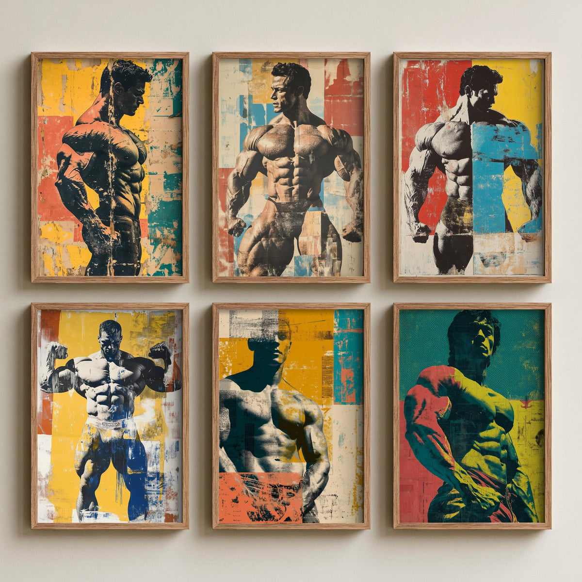 Set of Six Vintage Bodybuilding Art Prints - 6 Retro Collage Gym Posters - Muscle Flex, Physique Pop Art Painting