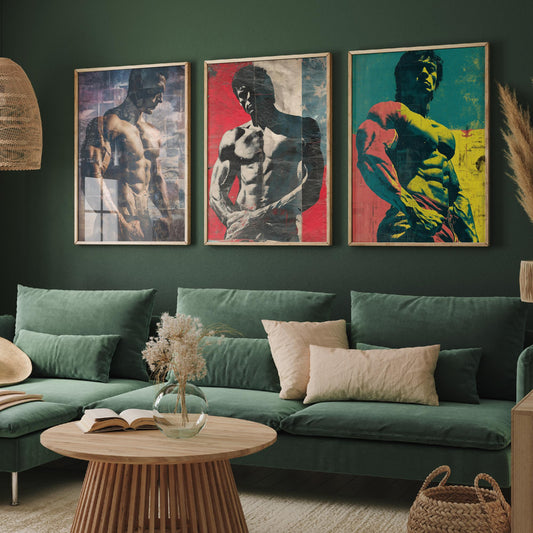 Vintage Bodybuilding Set of Three Art Prints - 3 Retro Physique Posters - Bold Pop Art Muscle Gym Wall Decor Illustration V2