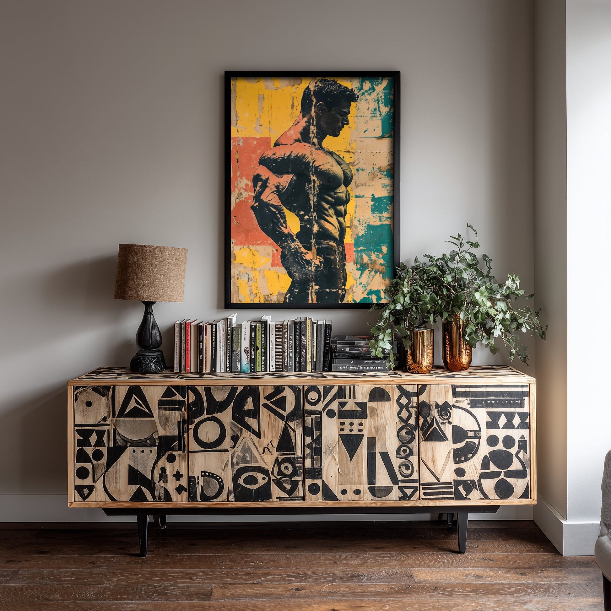 Vintage Bodybuilder Print - Muscular Male Physique Poster - Distressed Pop Art Fitness Illustration - Gym Wall Art V3 1/3