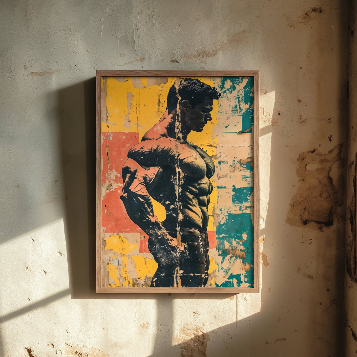 Vintage Bodybuilder Print - Muscular Male Physique Poster - Distressed Pop Art Fitness Illustration - Gym Wall Art V3 1/3