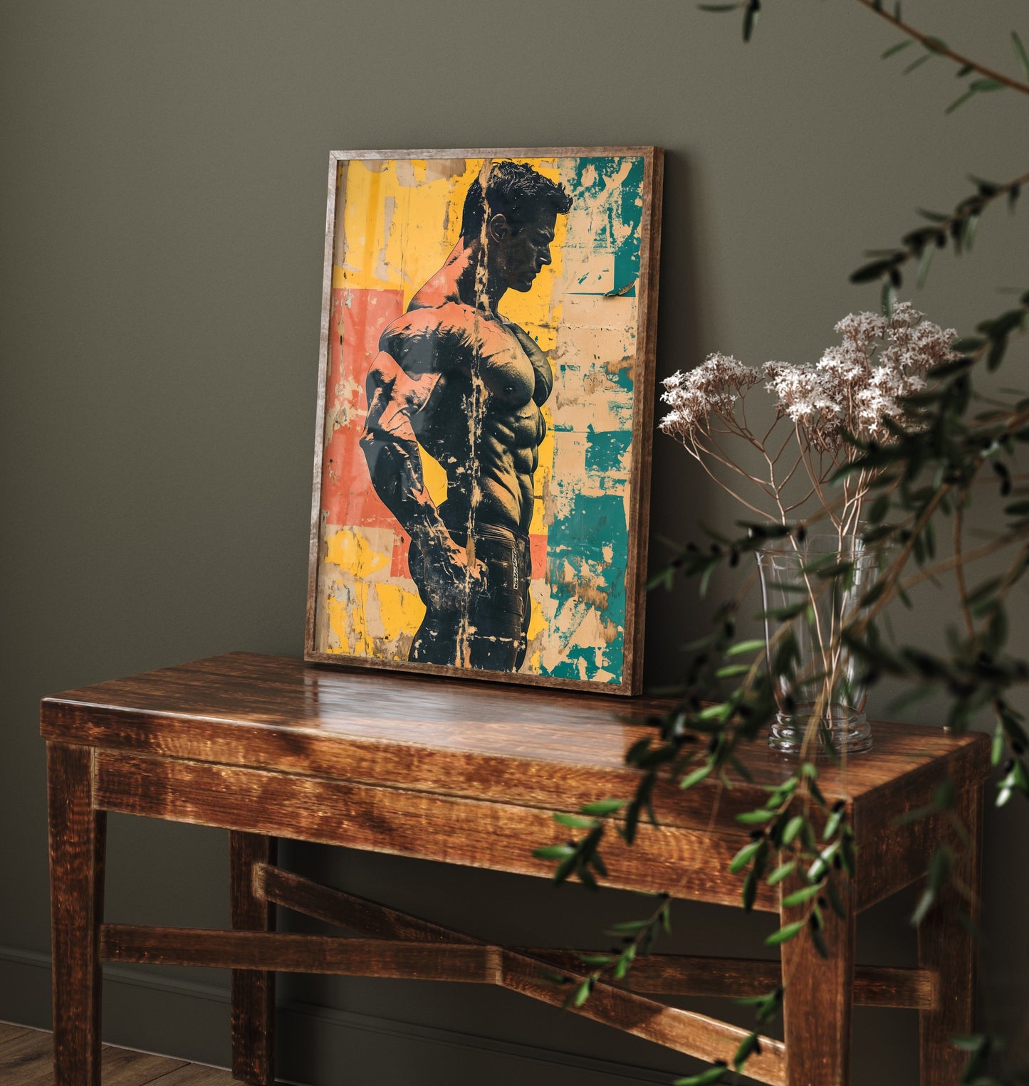 Vintage Bodybuilder Print - Muscular Male Physique Poster - Distressed Pop Art Fitness Illustration - Gym Wall Art V3 1/3