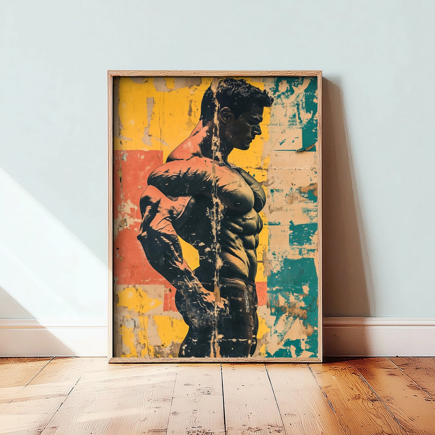 Vintage Bodybuilder Print - Muscular Male Physique Poster - Distressed Pop Art Fitness Illustration - Gym Wall Art V3 1/3