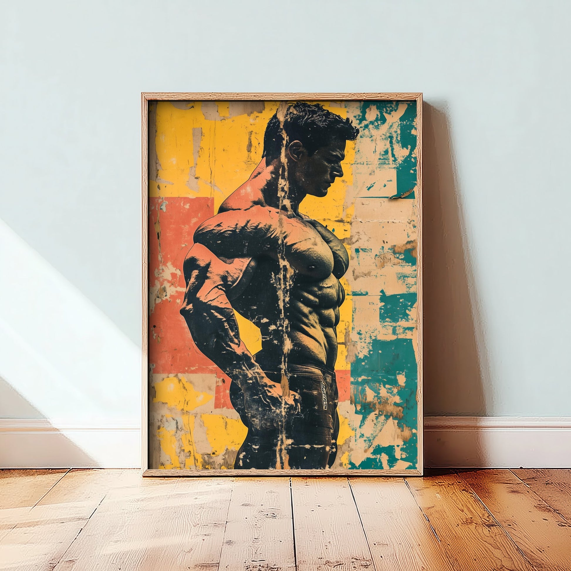 Vintage Bodybuilder Print - Muscular Male Physique Poster - Distressed Pop Art Fitness Illustration - Gym Wall Art V3 1/3