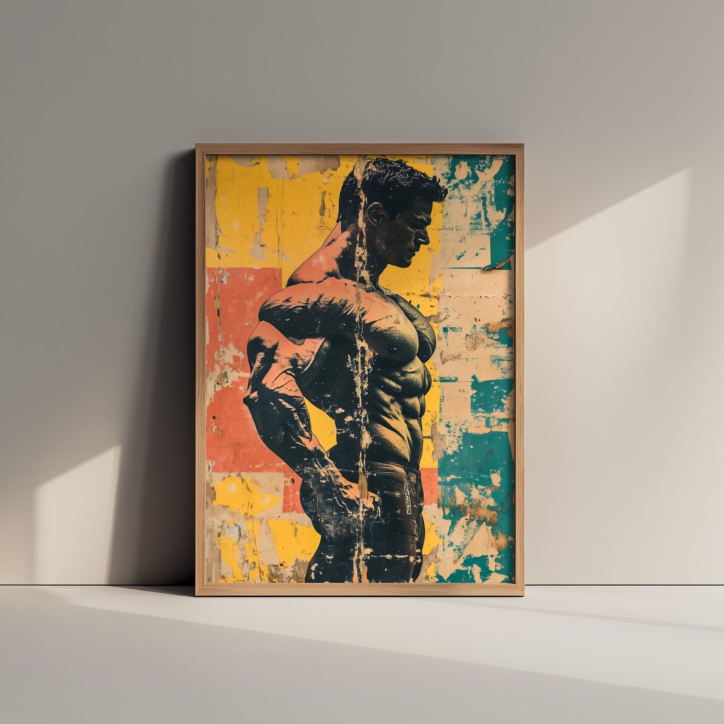 Vintage Bodybuilder Print - Muscular Male Physique Poster - Distressed Pop Art Fitness Illustration - Gym Wall Art V3 1/3