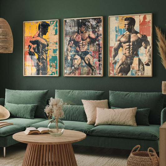 Retro Bodybuilding Posters Set of Three Art Prints - 3 Vintage Physique Gym Illustrations - Bold Muscle Colour Block Wall Decor V3