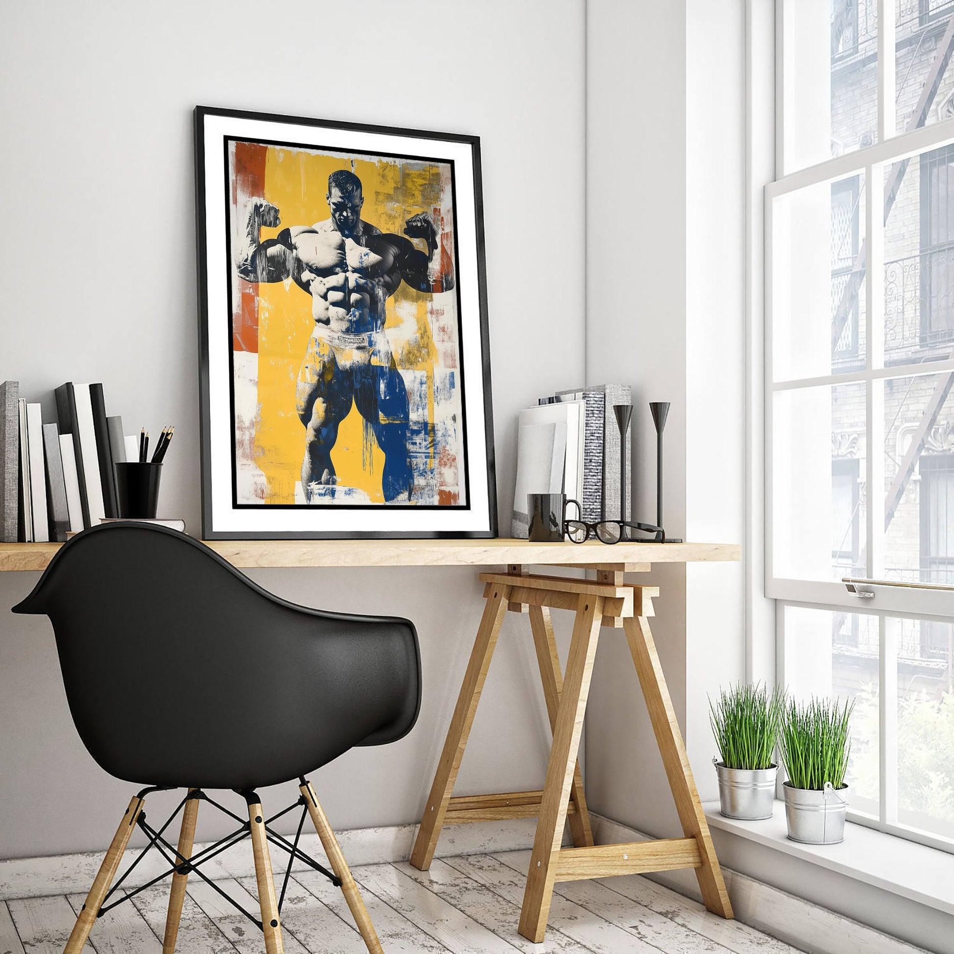 Retro Bodybuilder Art Print - Muscular Male Physique Poster - Bold Vintage Fitness Illustration - Gym Wall Art V4 2/3