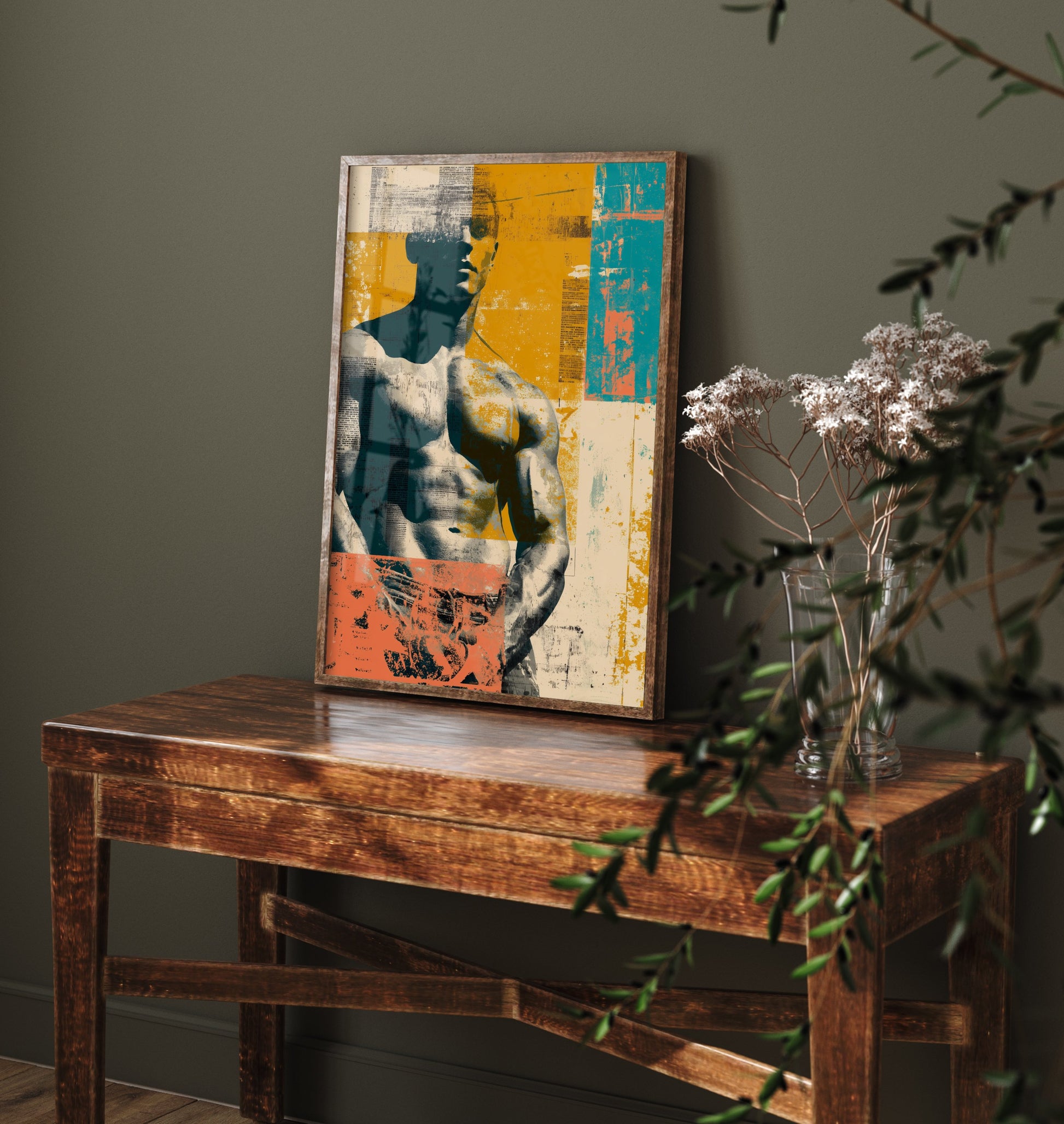 Retro Bodybuilder Art Print - Muscular Male Physique Poster - Distressed Vintage Fitness Illustration - Gym Wall Art V4 3/3