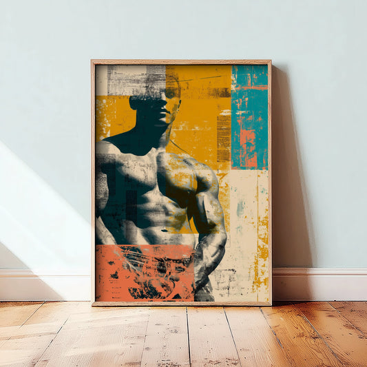 Retro Bodybuilder Art Print - Muscular Male Physique Poster - Distressed Vintage Fitness Illustration - Gym Wall Art V4 3/3