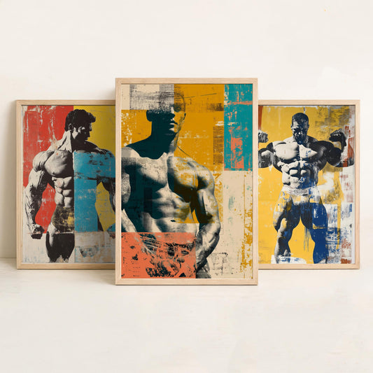 Pop Art Bodybuilding Set of Three Art Prints - 3 Vintage Physique Posters - Bold Screen Print Muscle Gym Wall Decor Illustration V4
