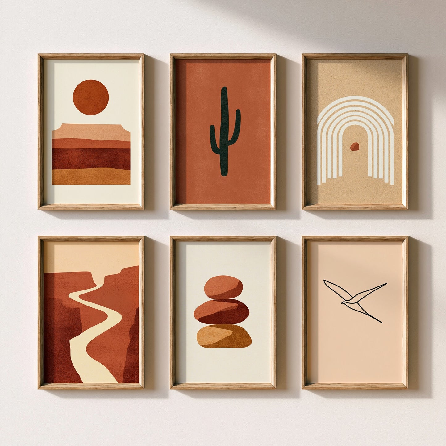 Set of Six Boho Desert Art Prints - 6 Terracotta Southwest Landscape Posters - Cactus Arch Canyon Sun Mesa Bird Illustration