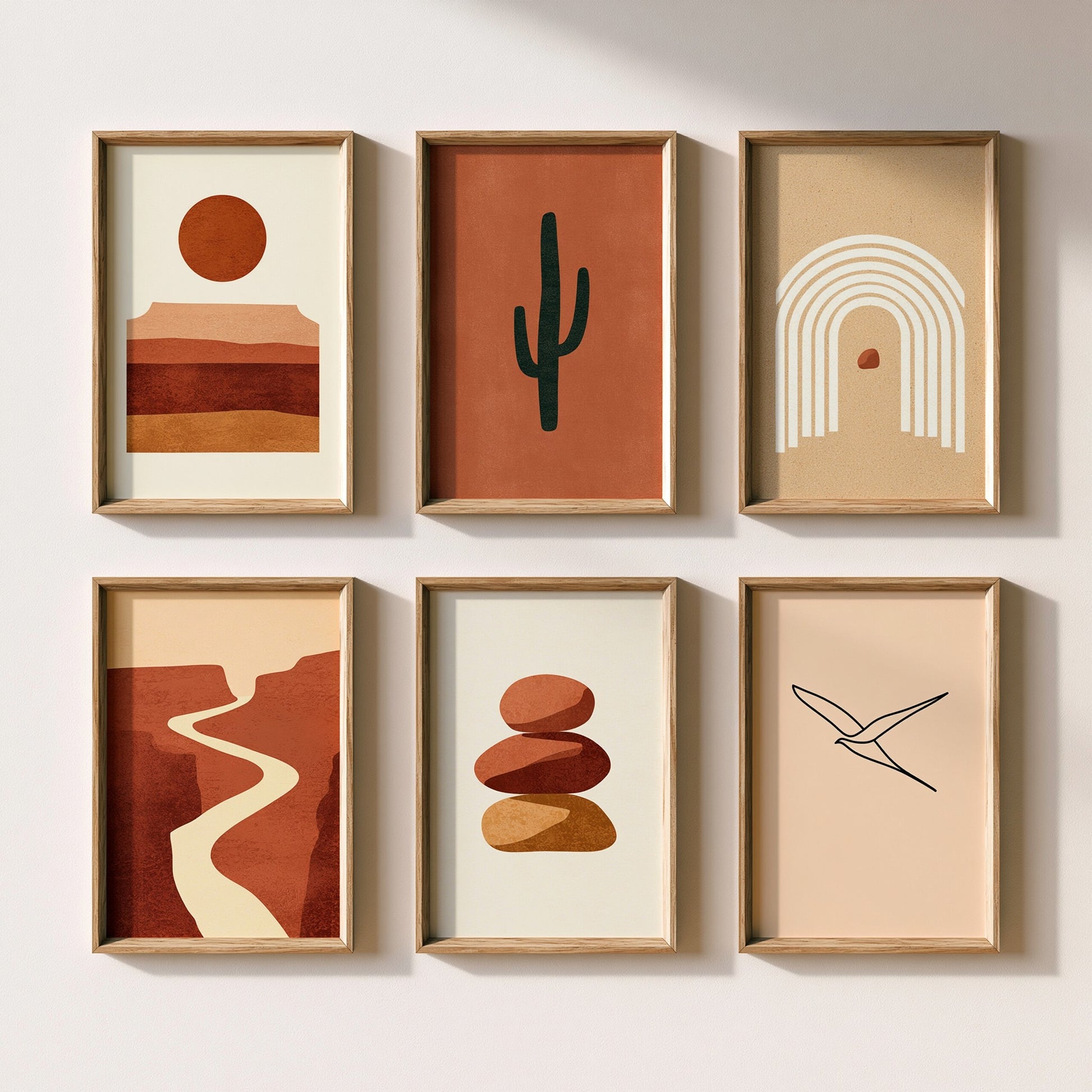 Set of Six Boho Desert Art Prints - 6 Terracotta Southwest Landscape Posters - Cactus Arch Canyon Sun Mesa Bird Illustration
