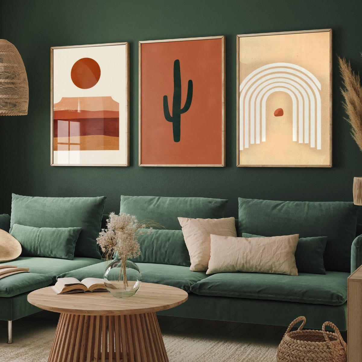 Boho Terracotta Desert Set of Three Art Prints - Mesa Sunset, Saguaro Cactus, Rainbow Arch - Abstract Mid Century Illustration Poster V1