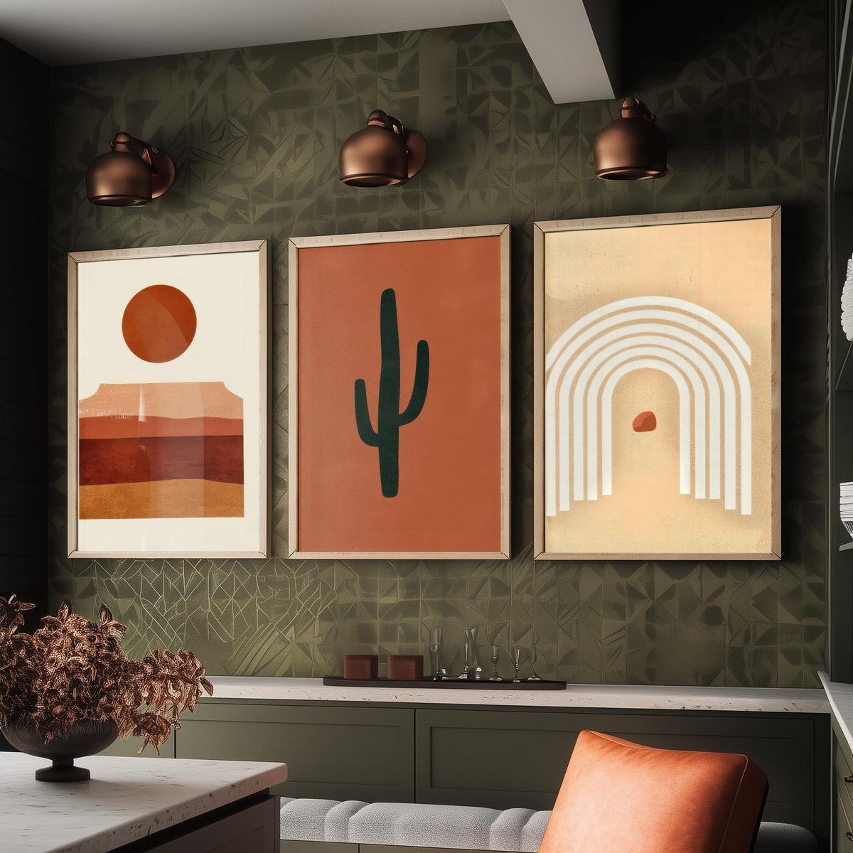 Boho Terracotta Desert Set of Three Art Prints - Mesa Sunset, Saguaro Cactus, Rainbow Arch - Abstract Mid Century Illustration Poster V1