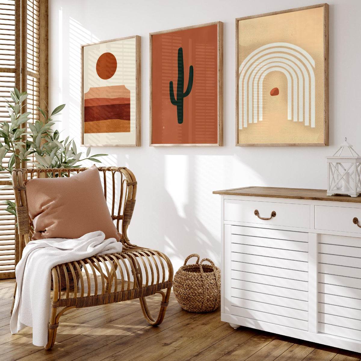 Boho Terracotta Desert Set of Three Art Prints - Mesa Sunset, Saguaro Cactus, Rainbow Arch - Abstract Mid Century Illustration Poster V1