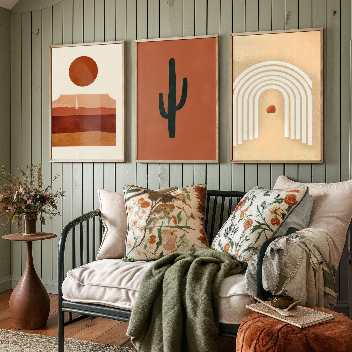 Boho Terracotta Desert Set of Three Art Prints - Mesa Sunset, Saguaro Cactus, Rainbow Arch - Abstract Mid Century Illustration Poster V1