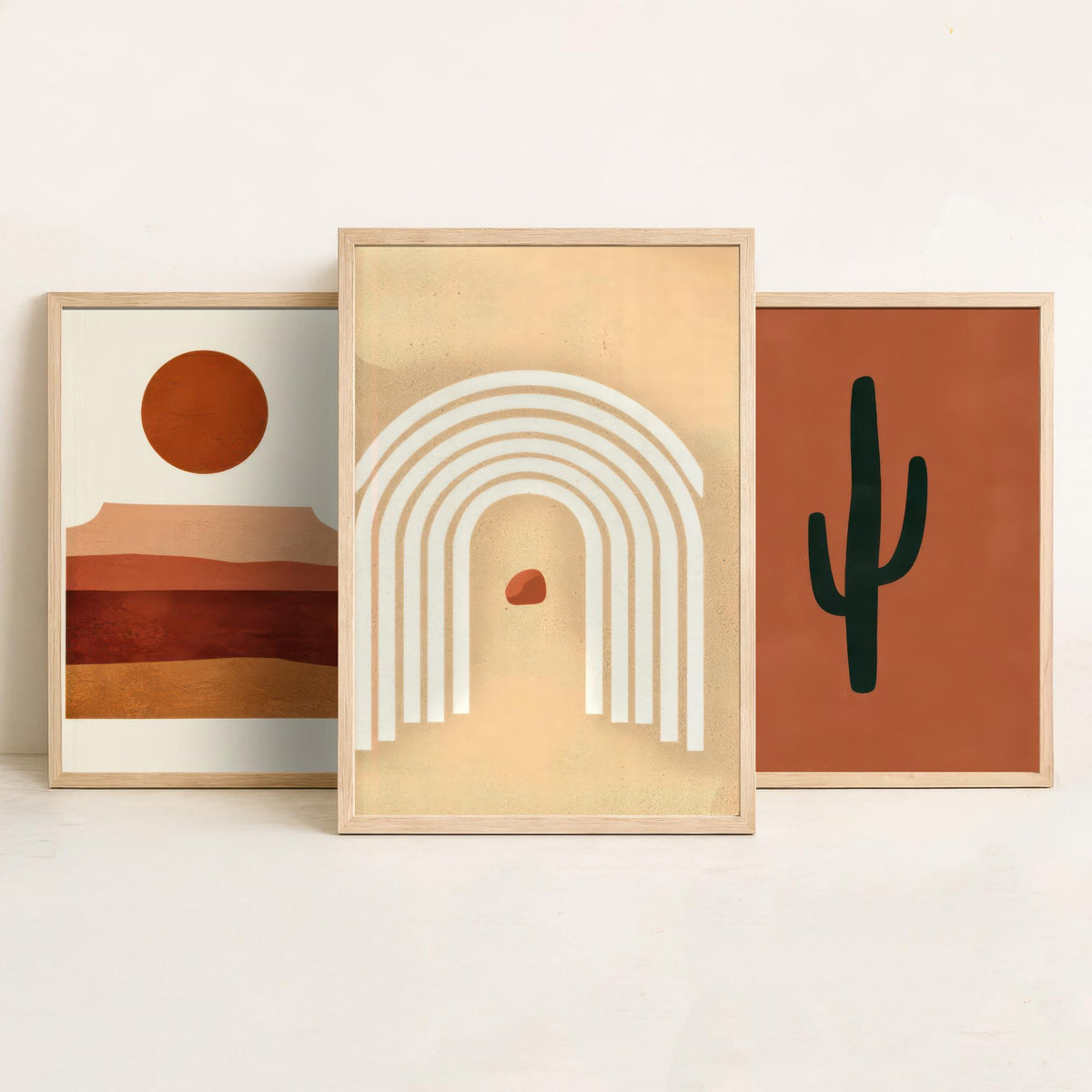 Boho Terracotta Desert Set of Three Art Prints - Mesa Sunset, Saguaro Cactus, Rainbow Arch - Abstract Mid Century Illustration Poster V1