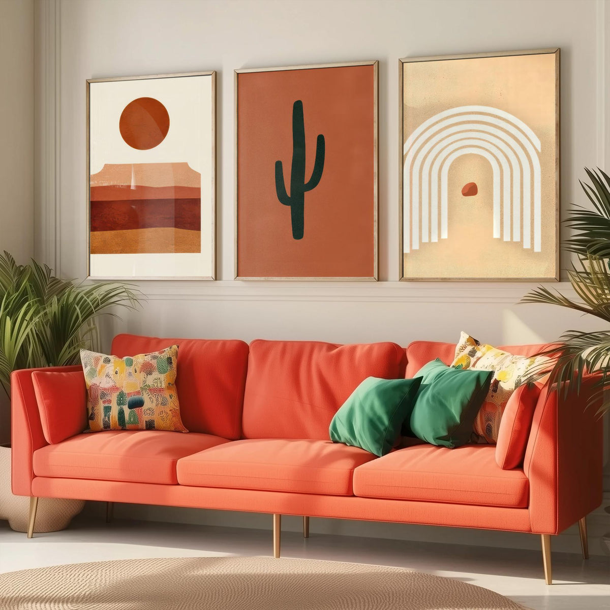Boho Terracotta Desert Set of Three Art Prints - Mesa Sunset, Saguaro Cactus, Rainbow Arch - Abstract Mid Century Illustration Poster V1