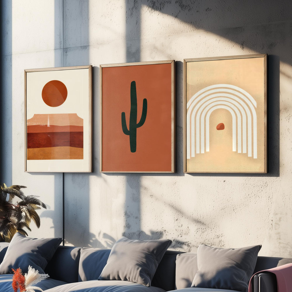 Boho Terracotta Desert Set of Three Art Prints - Mesa Sunset, Saguaro Cactus, Rainbow Arch - Abstract Mid Century Illustration Poster V1