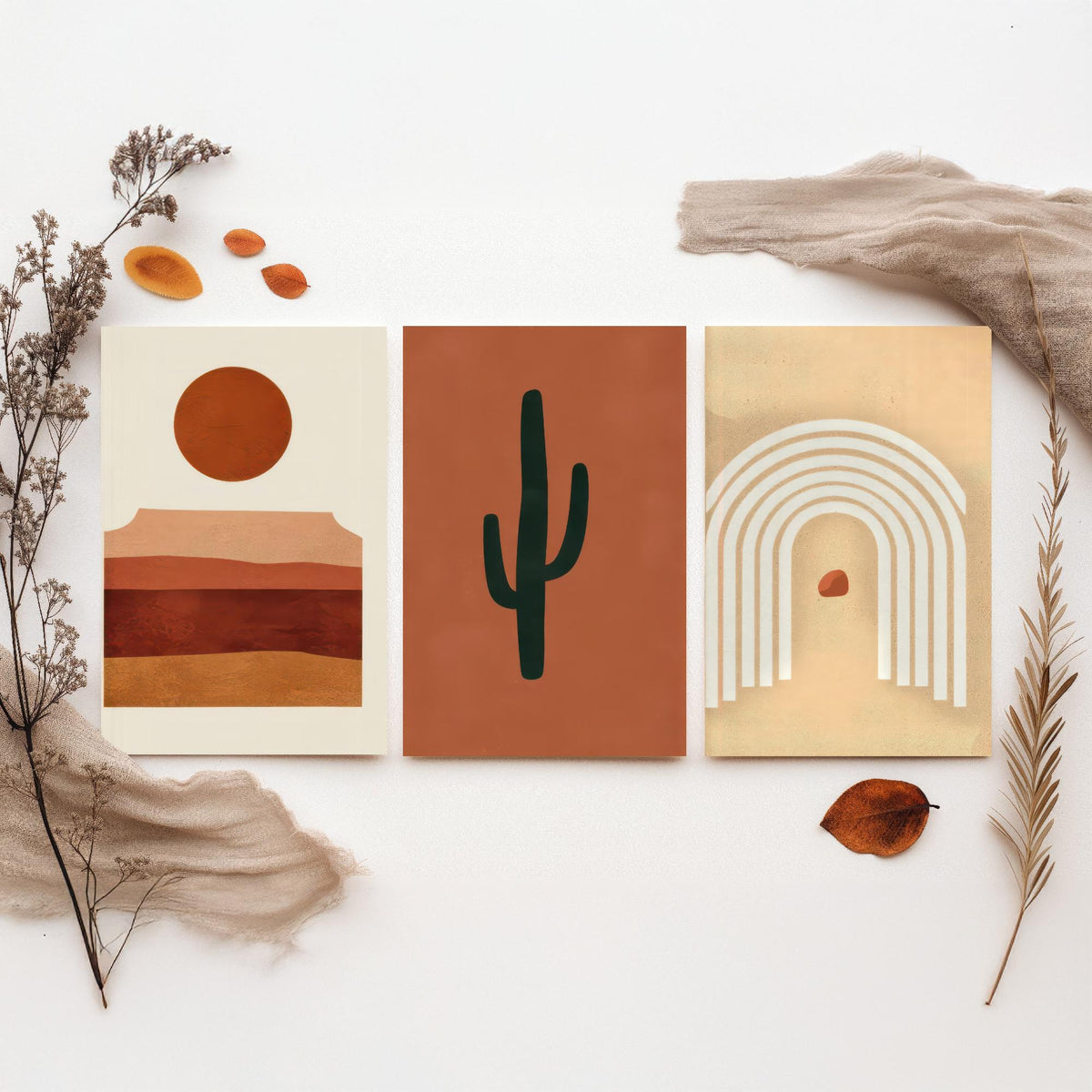 Boho Terracotta Desert Set of Three Art Prints - Mesa Sunset, Saguaro Cactus, Rainbow Arch - Abstract Mid Century Illustration Poster V1
