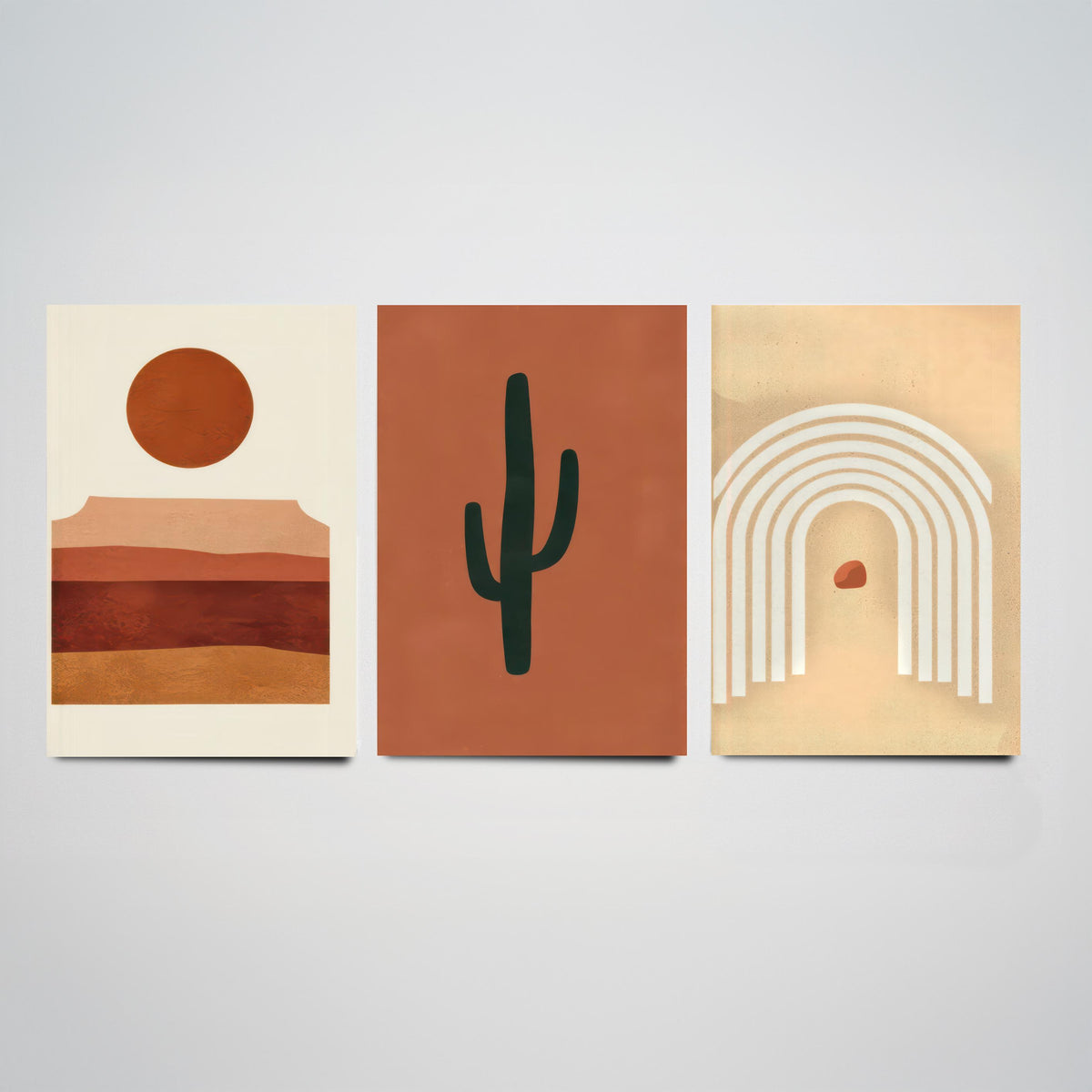 Boho Terracotta Desert Set of Three Art Prints - Mesa Sunset, Saguaro Cactus, Rainbow Arch - Abstract Mid Century Illustration Poster V1