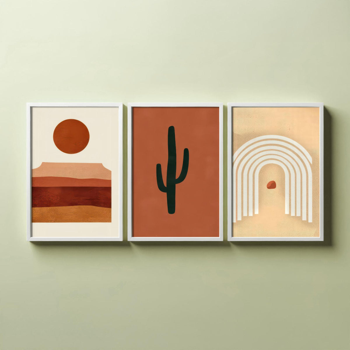 Boho Terracotta Desert Set of Three Art Prints - Mesa Sunset, Saguaro Cactus, Rainbow Arch - Abstract Mid Century Illustration Poster V1