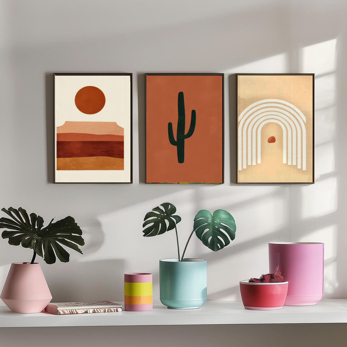 Boho Terracotta Desert Set of Three Art Prints - Mesa Sunset, Saguaro Cactus, Rainbow Arch - Abstract Mid Century Illustration Poster V1