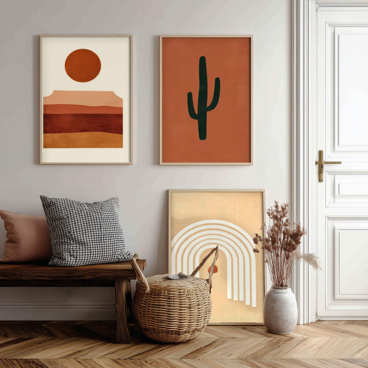 Boho Terracotta Desert Set of Three Art Prints - Mesa Sunset, Saguaro Cactus, Rainbow Arch - Abstract Mid Century Illustration Poster V1