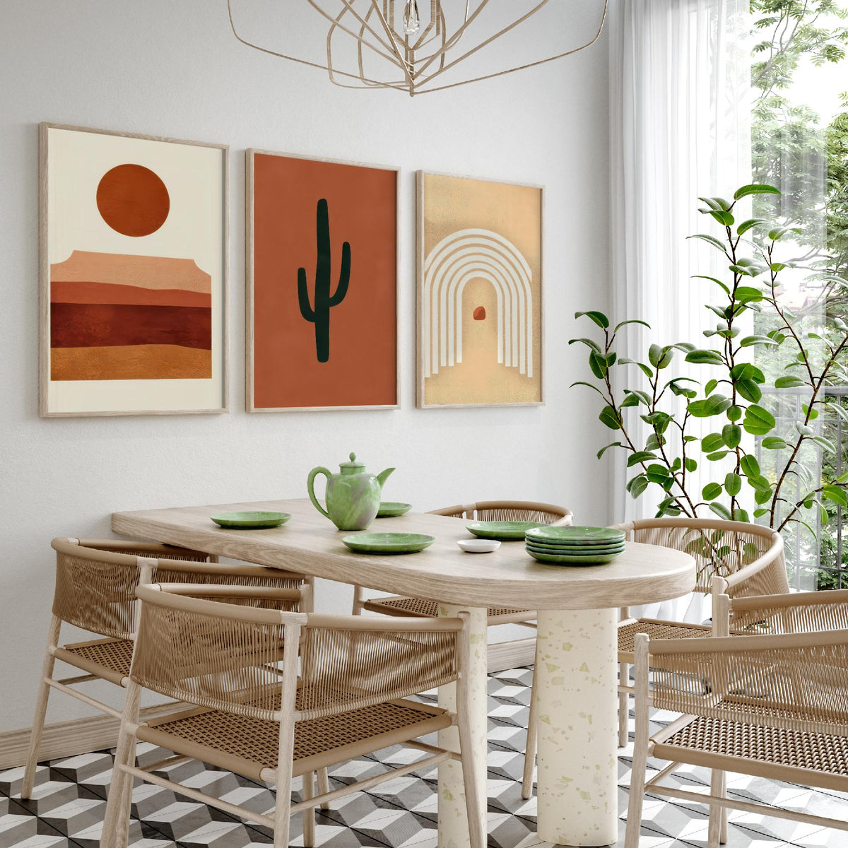 Boho Terracotta Desert Set of Three Art Prints - Mesa Sunset, Saguaro Cactus, Rainbow Arch - Abstract Mid Century Illustration Poster V1