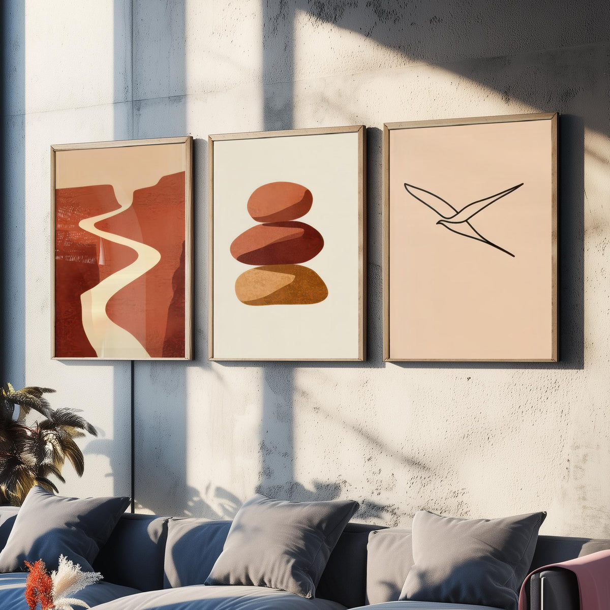Terracotta Canyon River, Stacked Stones and Line Art Bird Poster - Boho Abstract Desert Set of Three Art Prints - Neutral Illustration V2