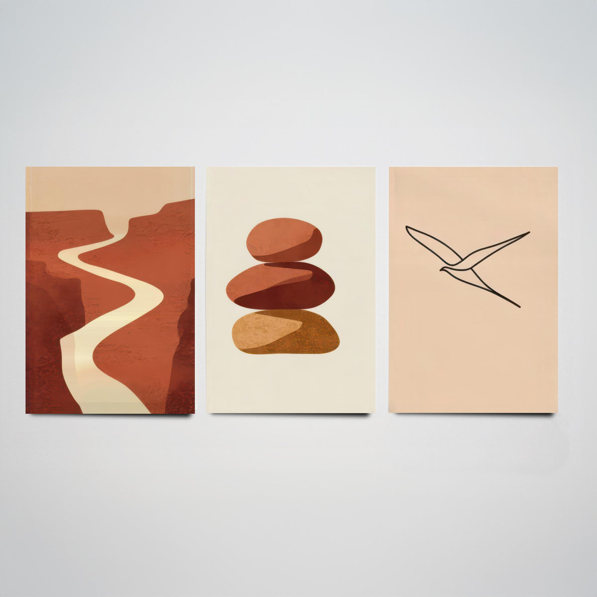 Terracotta Canyon River, Stacked Stones and Line Art Bird Poster - Boho Abstract Desert Set of Three Art Prints - Neutral Illustration V2