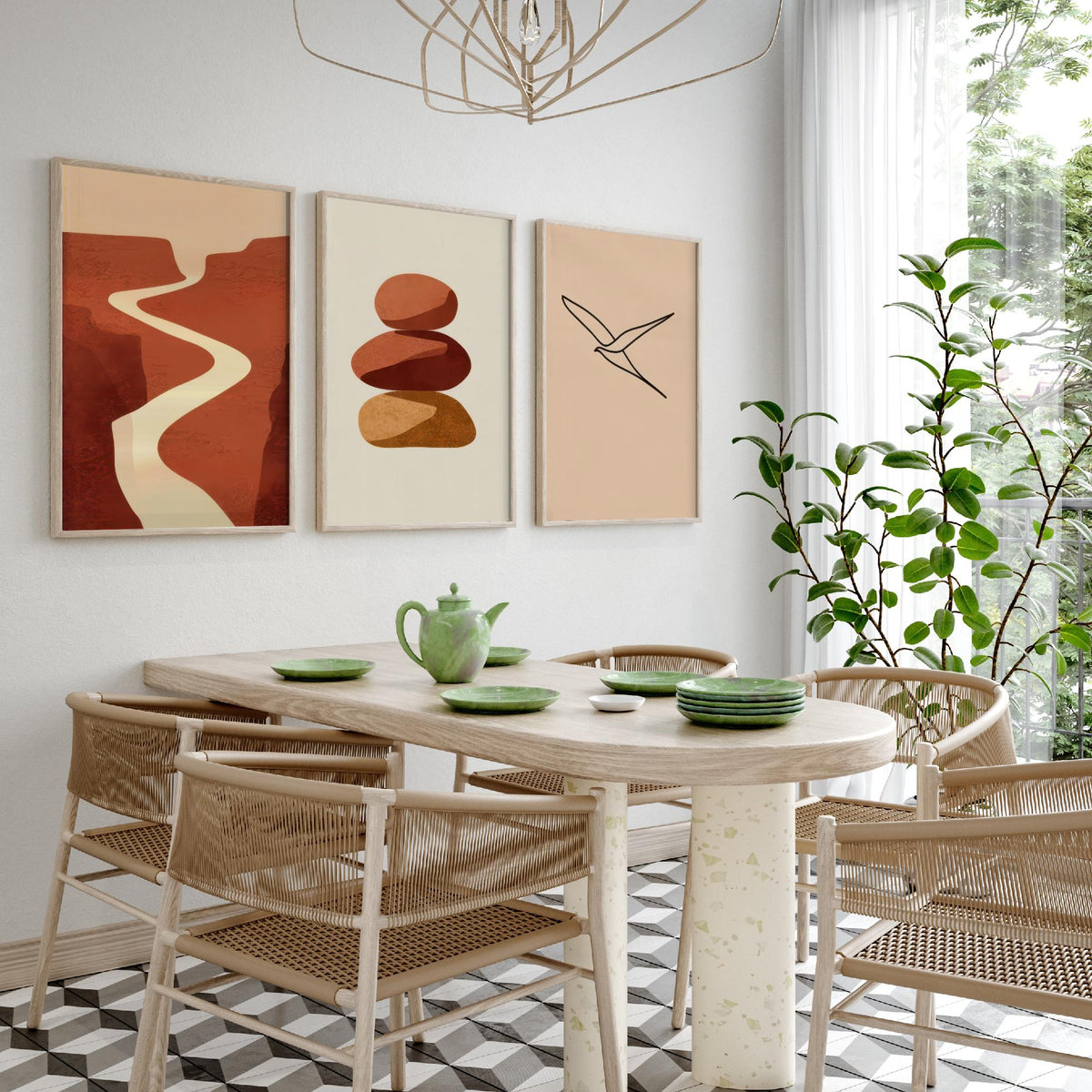 Terracotta Canyon River, Stacked Stones and Line Art Bird Poster - Boho Abstract Desert Set of Three Art Prints - Neutral Illustration V2