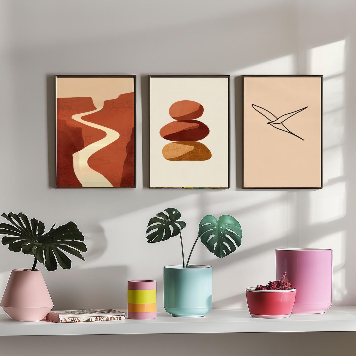 Terracotta Canyon River, Stacked Stones and Line Art Bird Poster - Boho Abstract Desert Set of Three Art Prints - Neutral Illustration V2