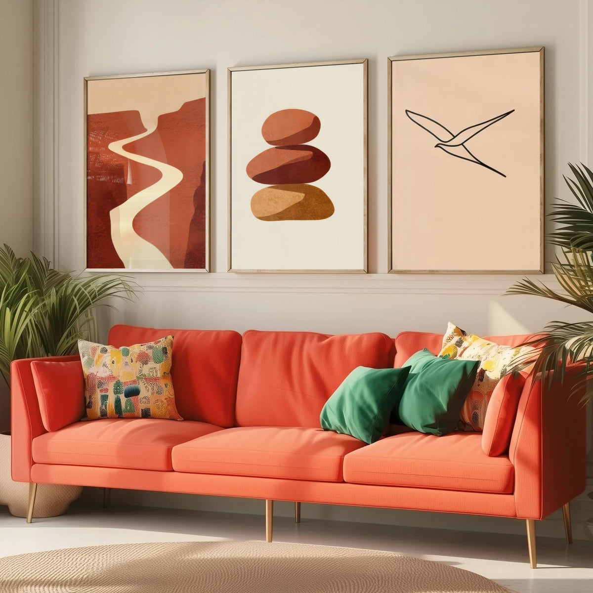Terracotta Canyon River, Stacked Stones and Line Art Bird Poster - Boho Abstract Desert Set of Three Art Prints - Neutral Illustration V2