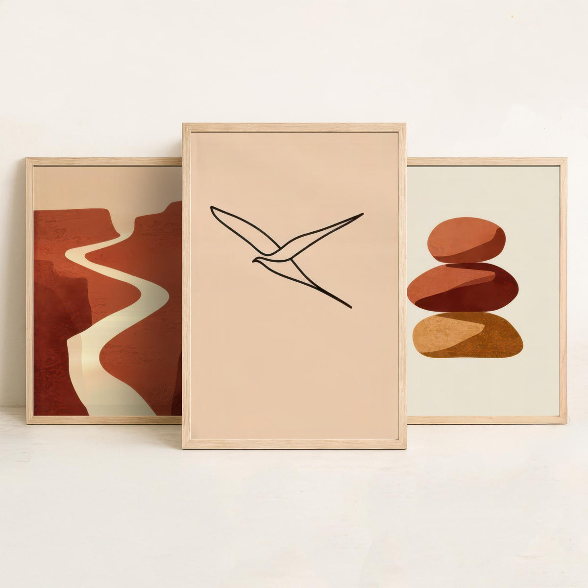 Terracotta Canyon River, Stacked Stones and Line Art Bird Poster - Boho Abstract Desert Set of Three Art Prints - Neutral Illustration V2