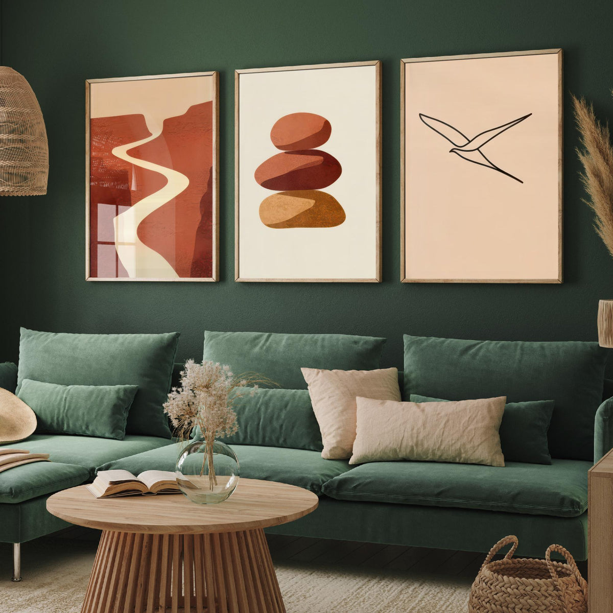 Terracotta Canyon River, Stacked Stones and Line Art Bird Poster - Boho Abstract Desert Set of Three Art Prints - Neutral Illustration V2