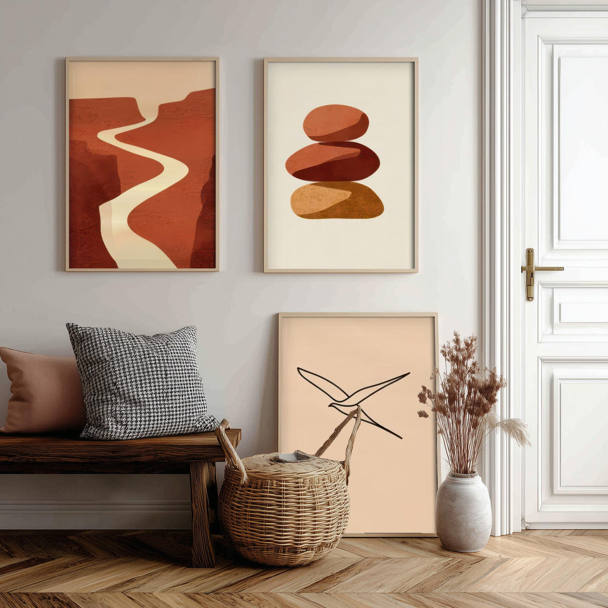 Terracotta Canyon River, Stacked Stones and Line Art Bird Poster - Boho Abstract Desert Set of Three Art Prints - Neutral Illustration V2