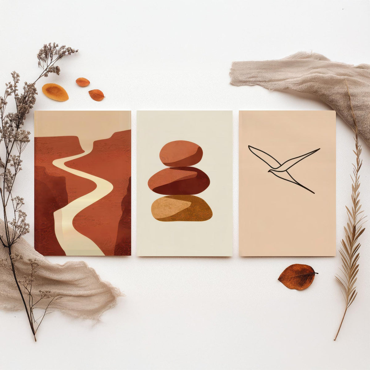 Terracotta Canyon River, Stacked Stones and Line Art Bird Poster - Boho Abstract Desert Set of Three Art Prints - Neutral Illustration V2