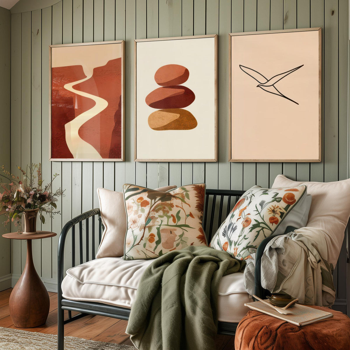 Terracotta Canyon River, Stacked Stones and Line Art Bird Poster - Boho Abstract Desert Set of Three Art Prints - Neutral Illustration V2