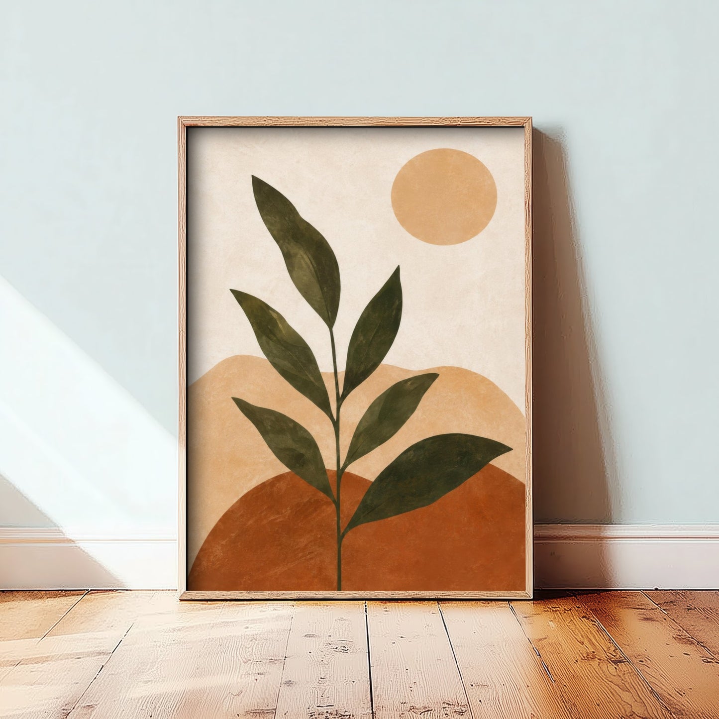 Boho Botanical Art Print - Leaf Plant & Sun Poster - Minimalist Earth Tone Illustration - Wall Decor V1 1/3
