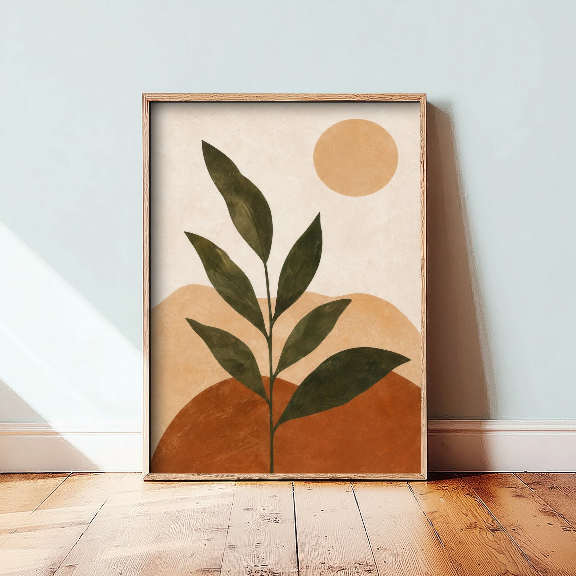 Boho Botanical Art Print - Leaf Plant & Sun Poster - Minimalist Earth Tone Illustration - Wall Decor V1 1/3