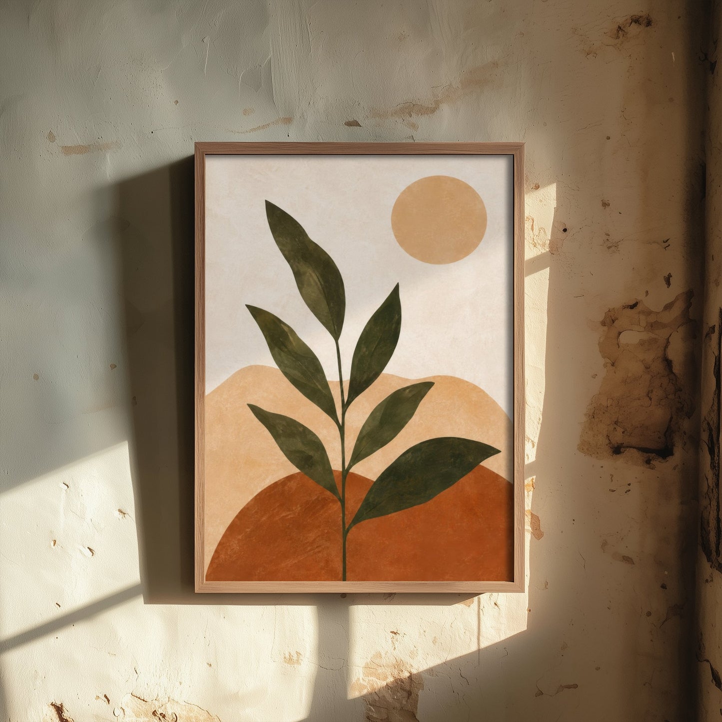 Boho Botanical Art Print - Leaf Plant & Sun Poster - Minimalist Earth Tone Illustration - Wall Decor V1 1/3