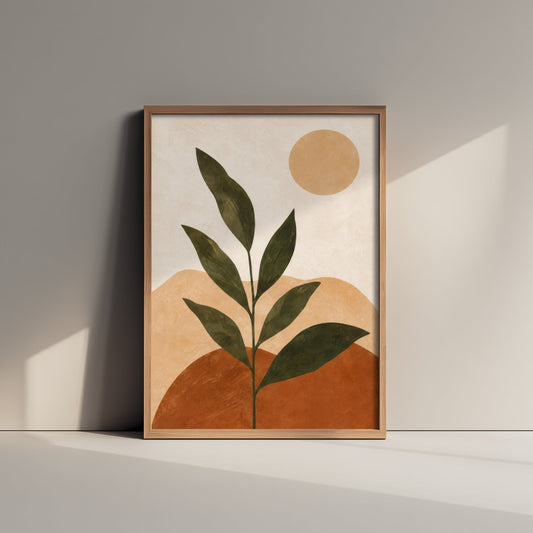 Boho Botanical Art Print - Leaf Plant & Sun Poster - Minimalist Earth Tone Illustration - Wall Decor V1 1/3