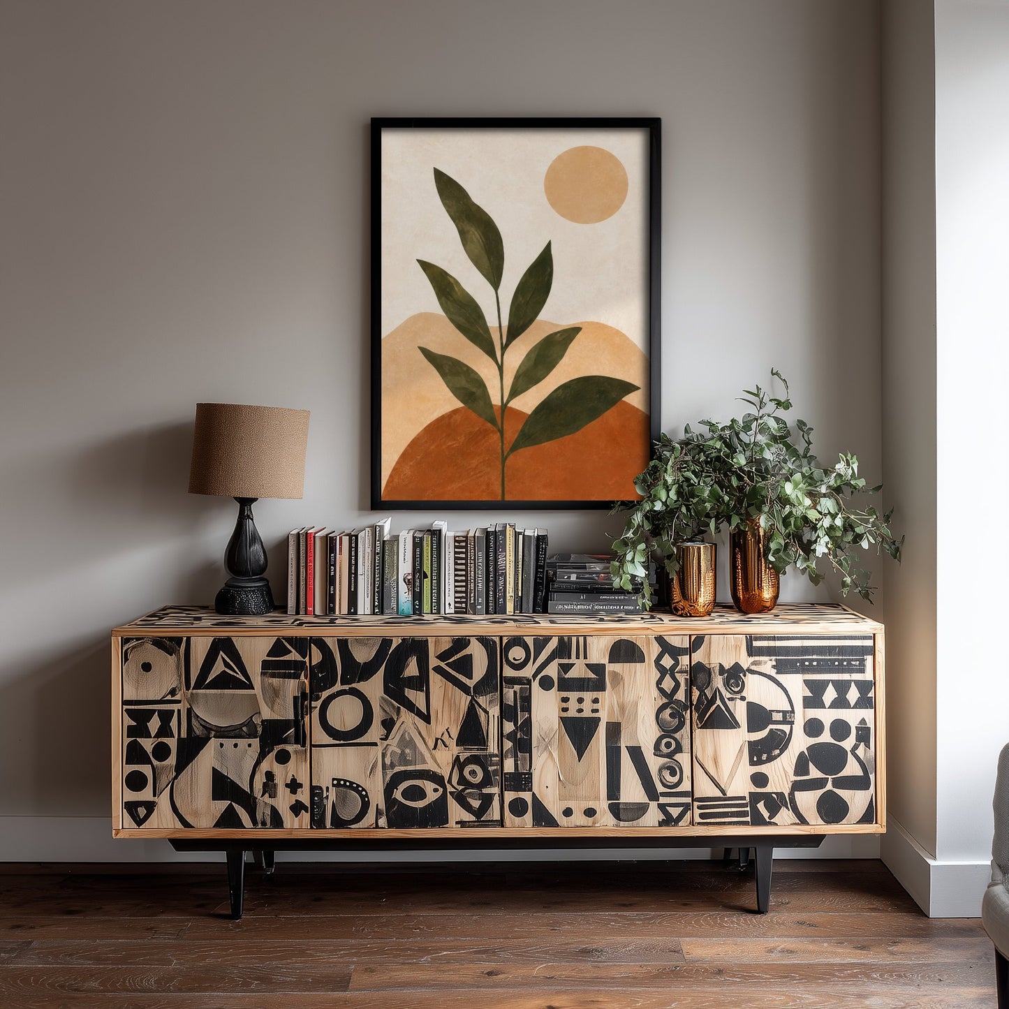 Boho Botanical Art Print - Leaf Plant & Sun Poster - Minimalist Earth Tone Illustration - Wall Decor V1 1/3