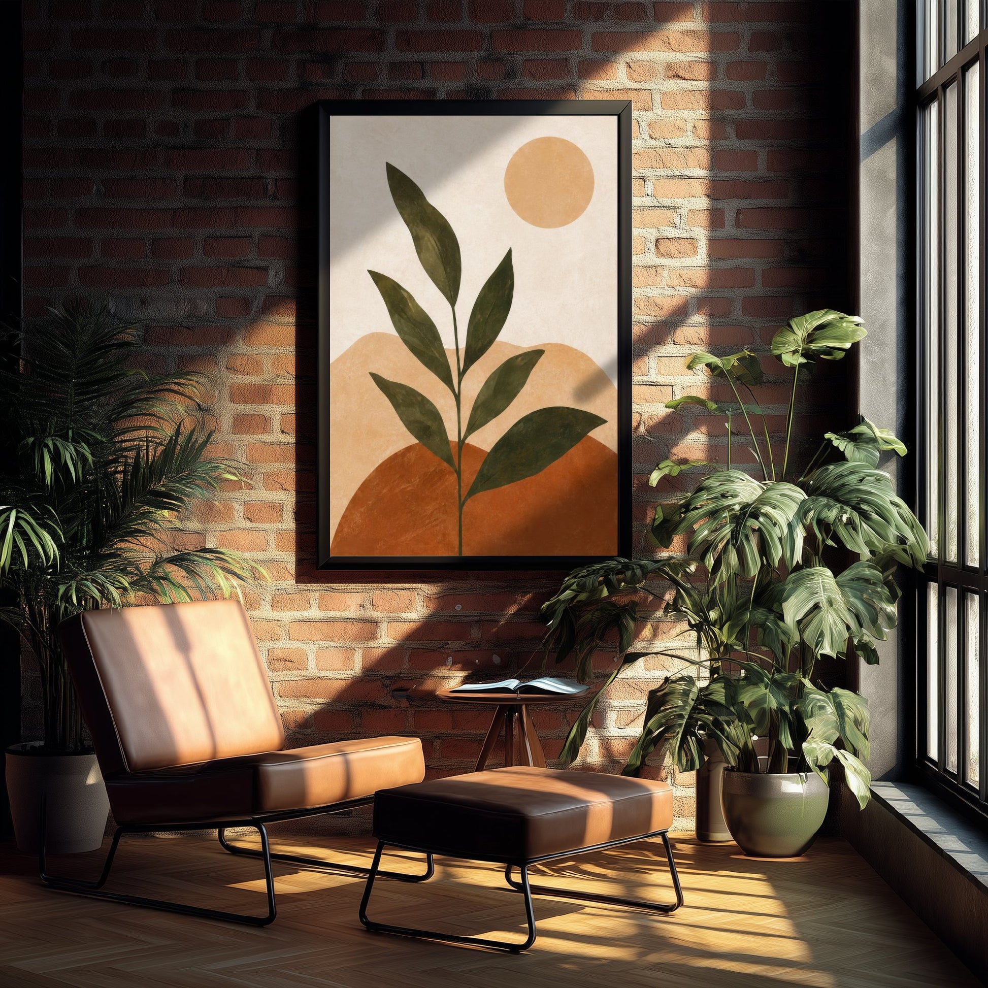 Boho Botanical Art Print - Leaf Plant & Sun Poster - Minimalist Earth Tone Illustration - Wall Decor V1 1/3
