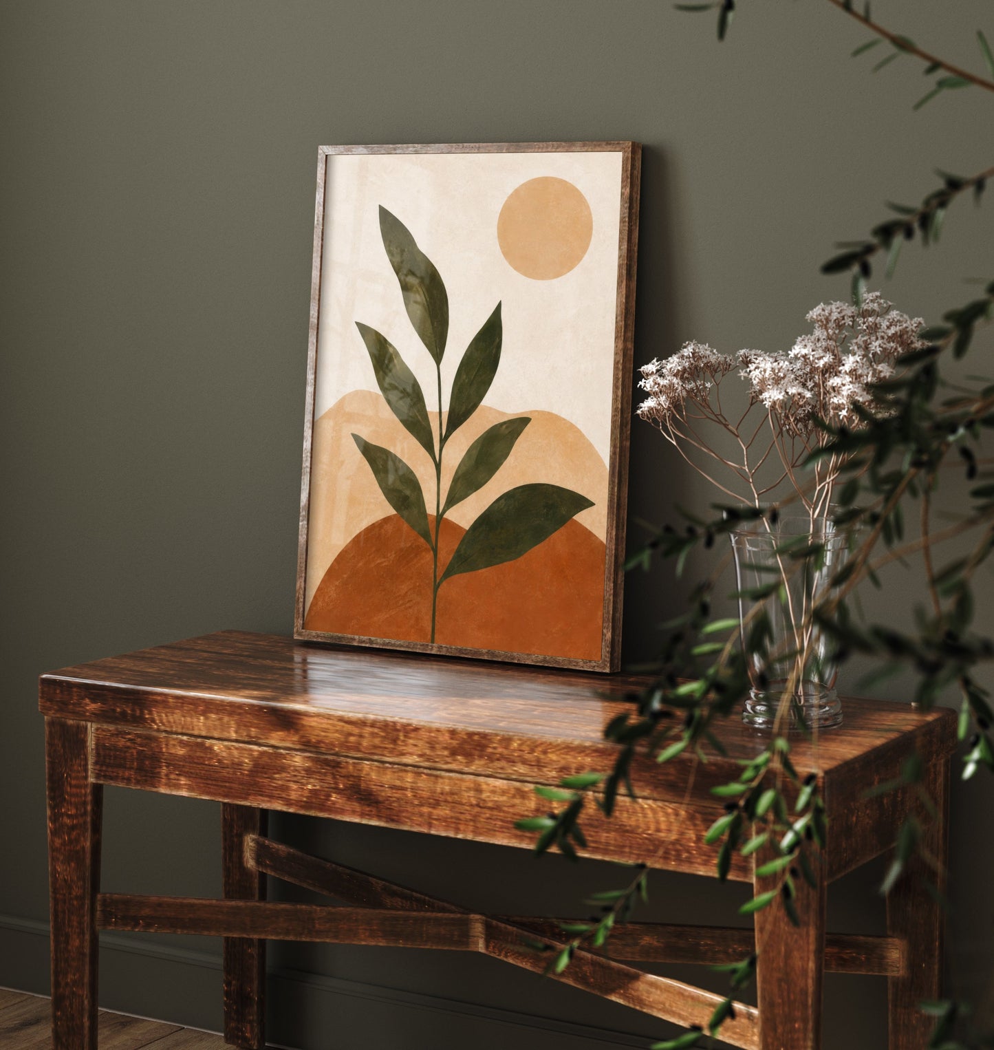 Boho Botanical Art Print - Leaf Plant & Sun Poster - Minimalist Earth Tone Illustration - Wall Decor V1 1/3