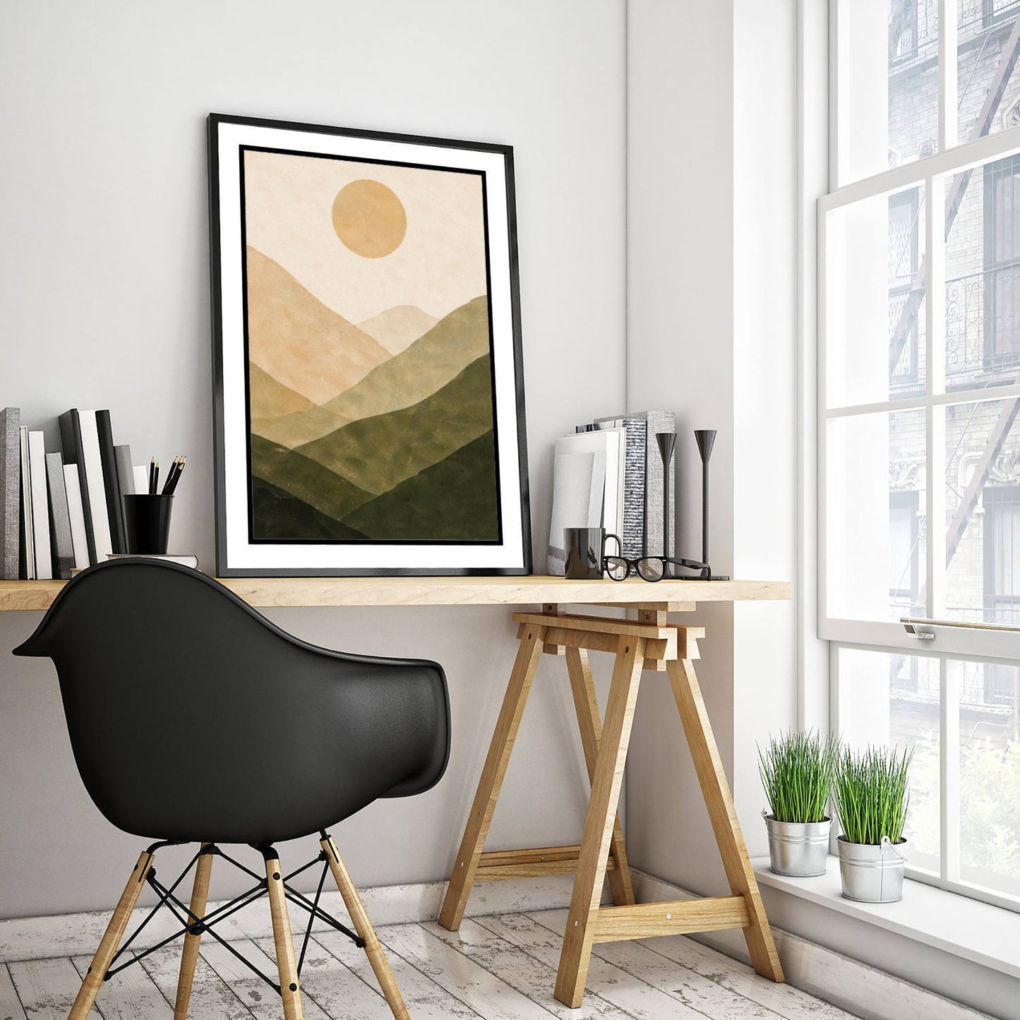 Boho Abstract Art Print - Earth Tone Hills & Sun Poster - Minimalist Landscape Illustration - Wall Decor V1 2/3