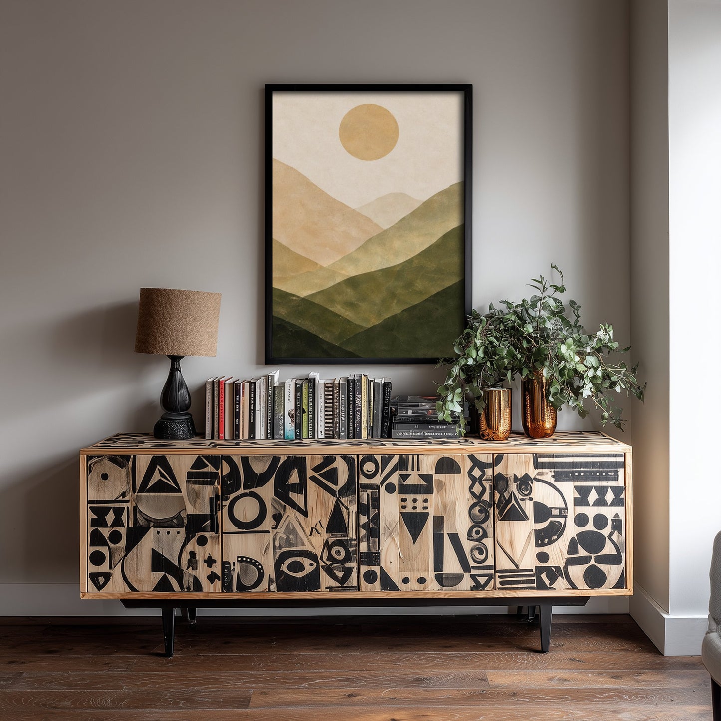 Boho Abstract Art Print - Earth Tone Hills & Sun Poster - Minimalist Landscape Illustration - Wall Decor V1 2/3
