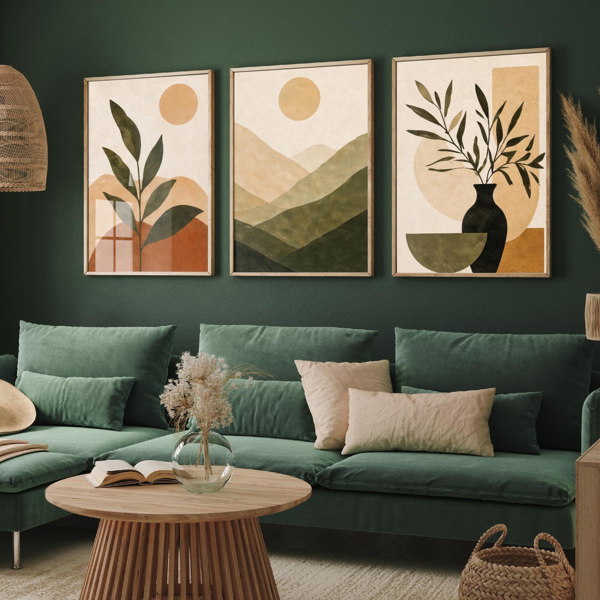 Boho Botanical Mountain & Sun Set of Three Art Print - Terracotta Sage Wall Art - Plant Vase Painting, Earthy Poster V1