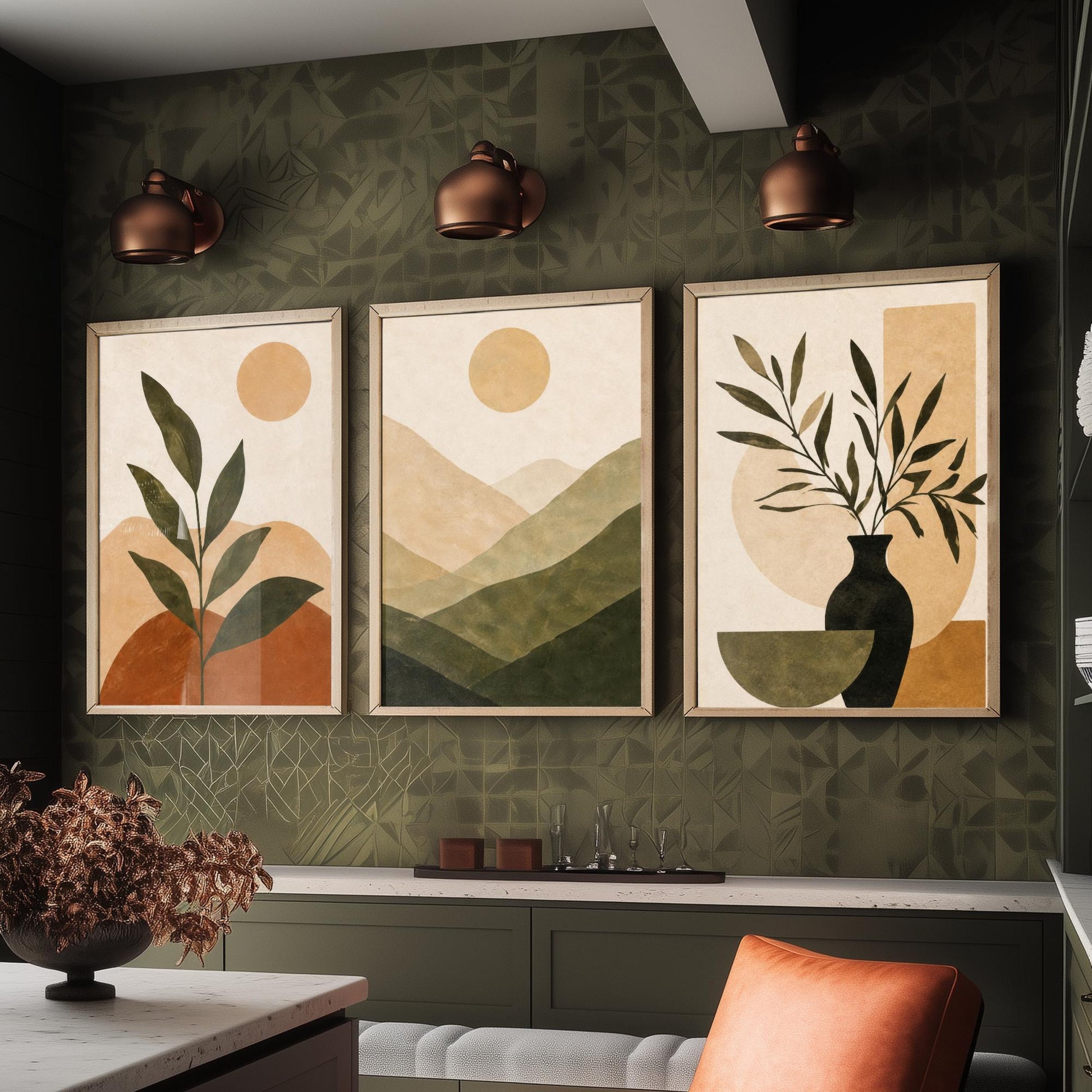 Boho Botanical Mountain & Sun Set of Three Art Print - Terracotta Sage Wall Art - Plant Vase Painting, Earthy Poster V1